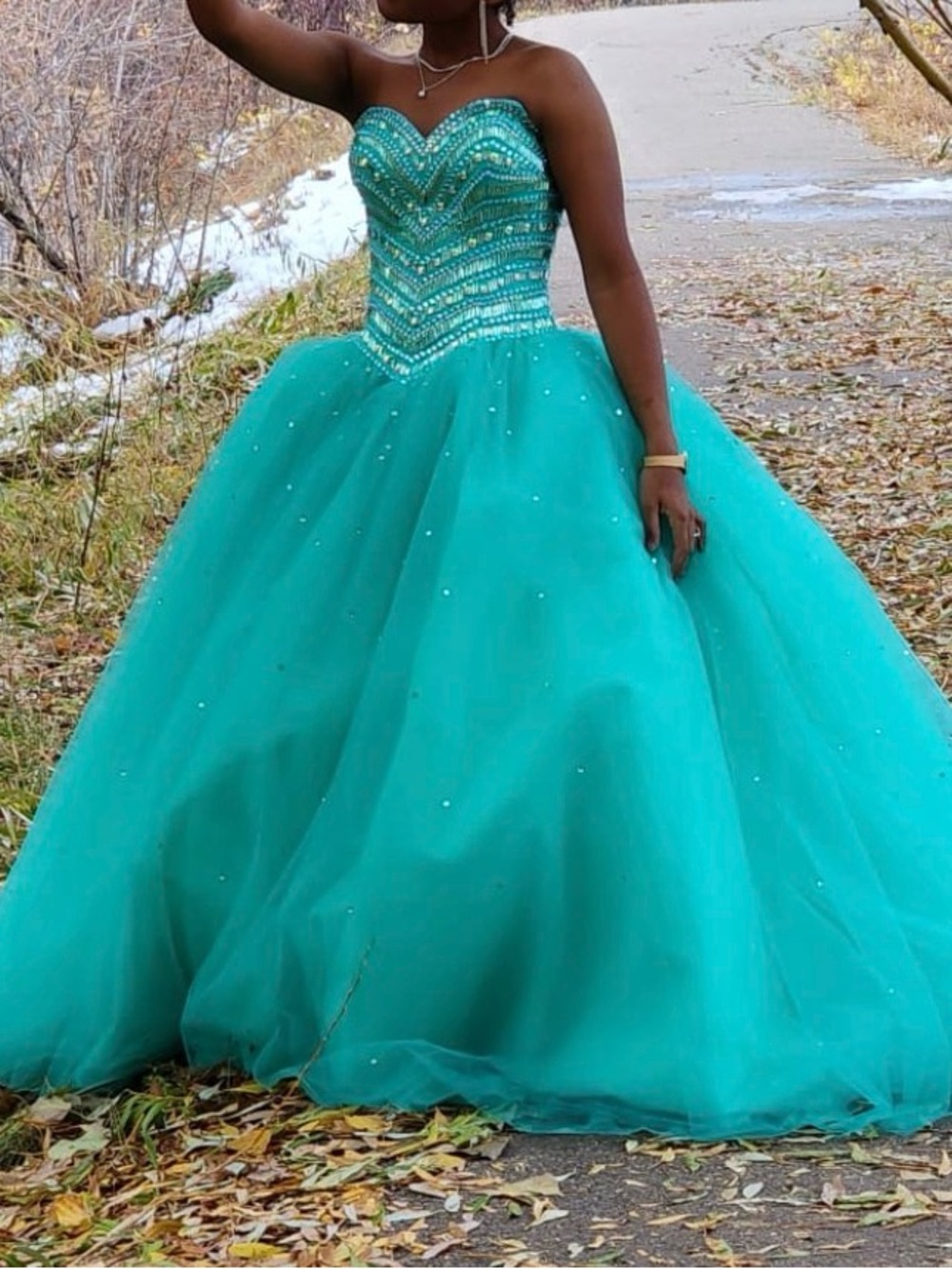 Strapless Teal Ball Gown Prom or quinceañera Dress with Beaded Corset
